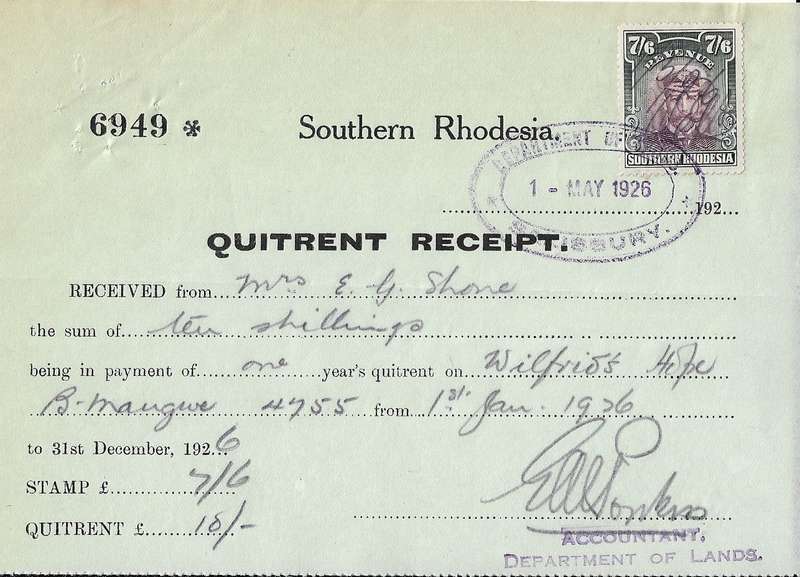 Southern Rhodesia 7s6d Quitrent receipt dated 1 May 1926.