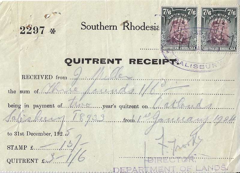 Southern Rhodesia 15s Quitrent receipt dated 1 January 1924.