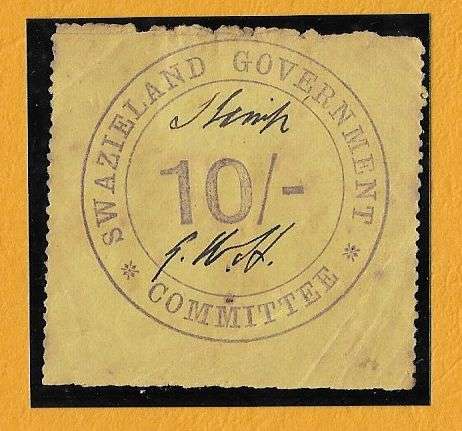 Swaziland revenue 10s manuscript printed in violet. Barefoot 21.