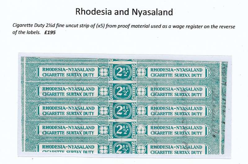 Rhodesia and Nyasaland Cigarette Duty proof  x5 uncut  2 and a half penny.