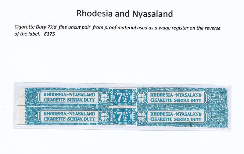 Rhodesia and Nyasaland Cigarette Duty proof uncut pair 7 and a half penny.