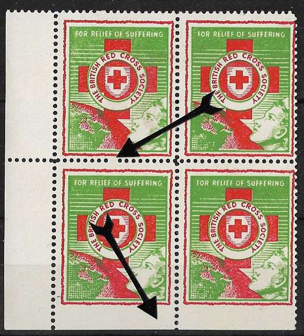 Rhodesia 1955 RAPT and Red Cross joint issue label no gum, marginal corner block of (x4)