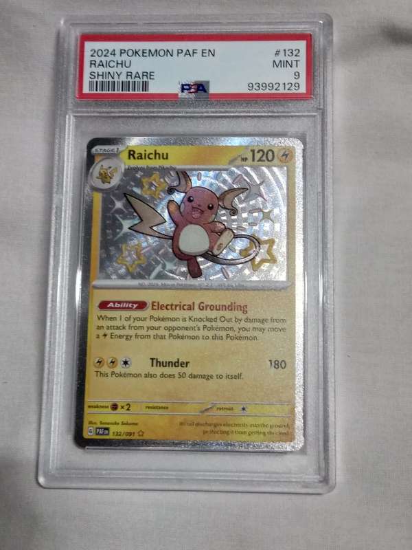Pokemon Trading Cards Graded PSA 9 Mint - Raichu 132/091 Paldean Fates Shiny Rare 2024