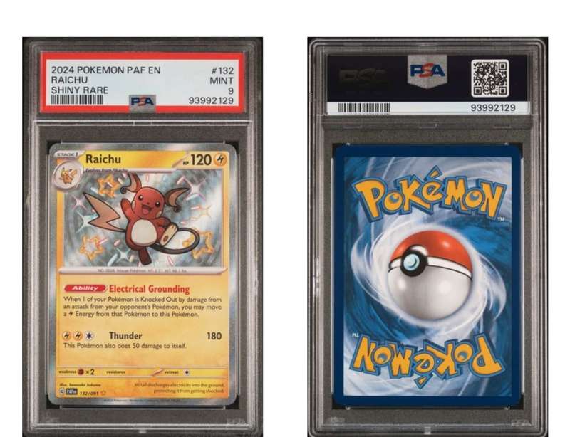 Pokemon Trading Cards Graded PSA 9 Mint - Raichu 132/091 Paldean Fates Shiny Rare 2024