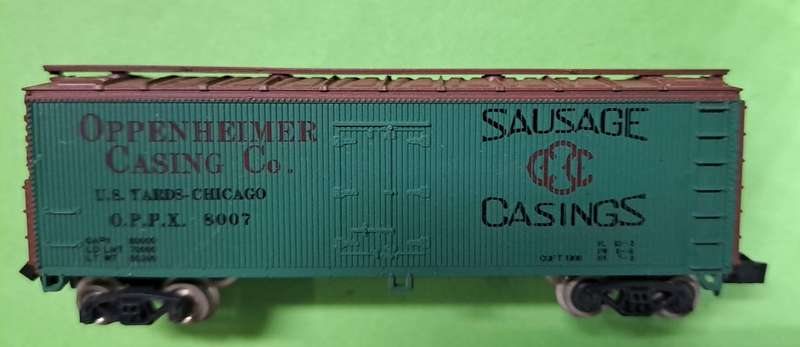 Model Trains N Scale 1 x Con-Cor Oppenheimer Sausage Casting Goods Wagon. In box.