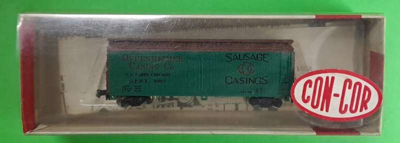 Model Trains N Scale 1 x Con-Cor Oppenheimer Sausage Casting Goods Wagon. In box.
