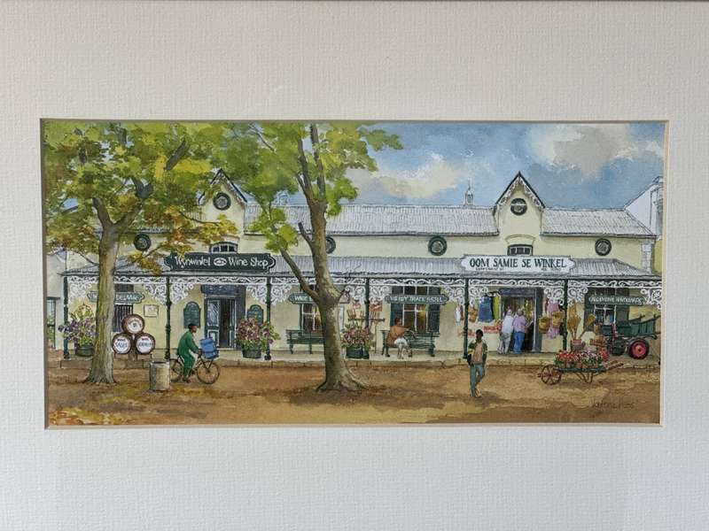 Framed Valerie Petts Print, Oom Samie se Winkel, Stellenbosch - Finished Size 36.5cm x 26cm