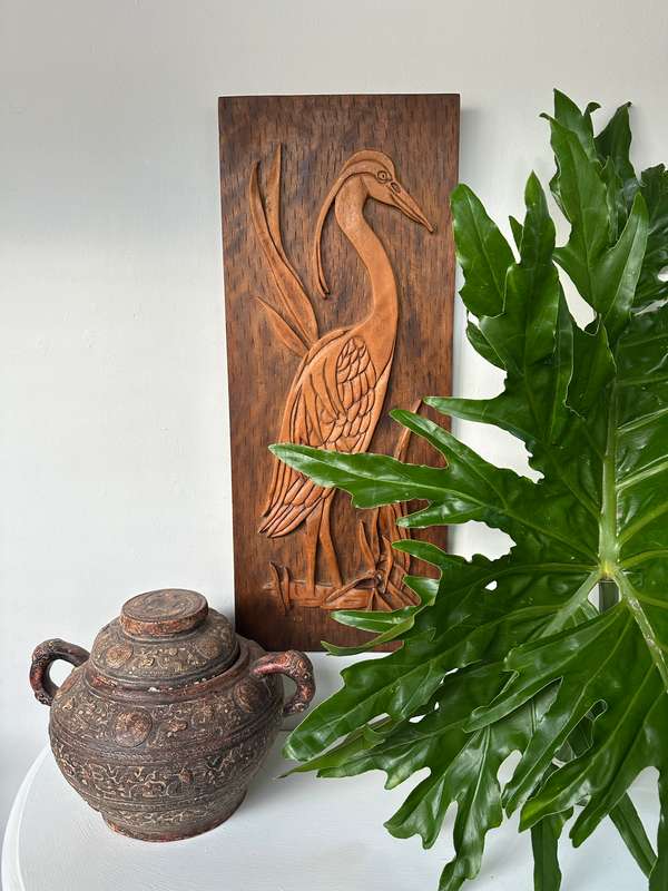 Carved Wooden Artwork, Blue Crane - Size 31cm x 76cm