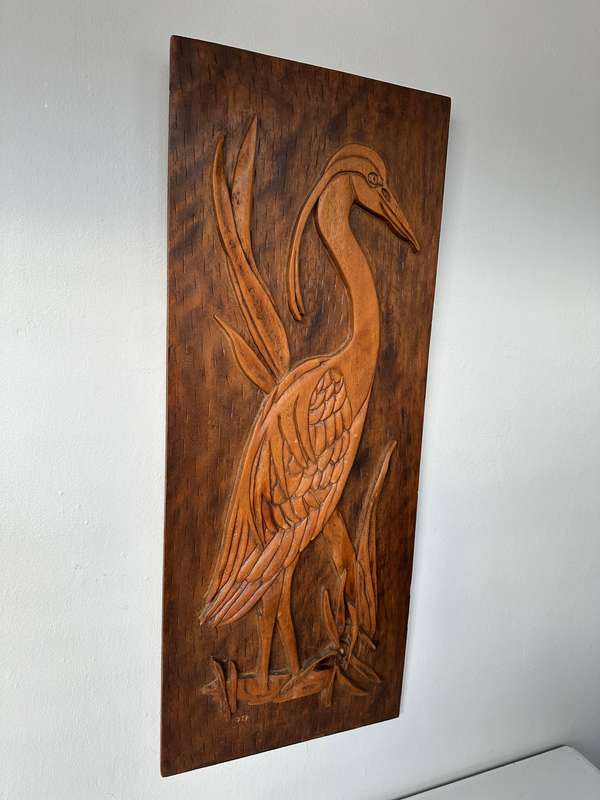 Carved Wooden Artwork, Blue Crane - Size 31cm x 76cm