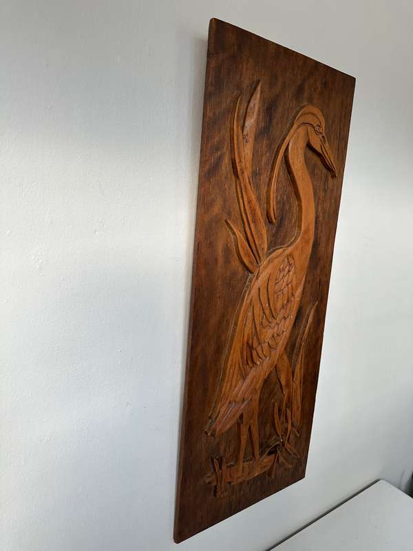 Carved Wooden Artwork, Blue Crane - Size 31cm x 76cm