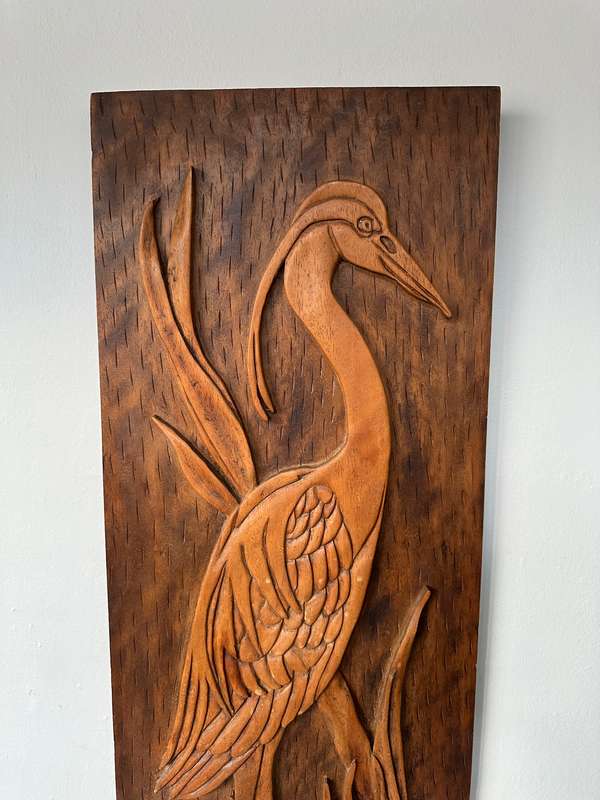 Carved Wooden Artwork, Blue Crane - Size 31cm x 76cm