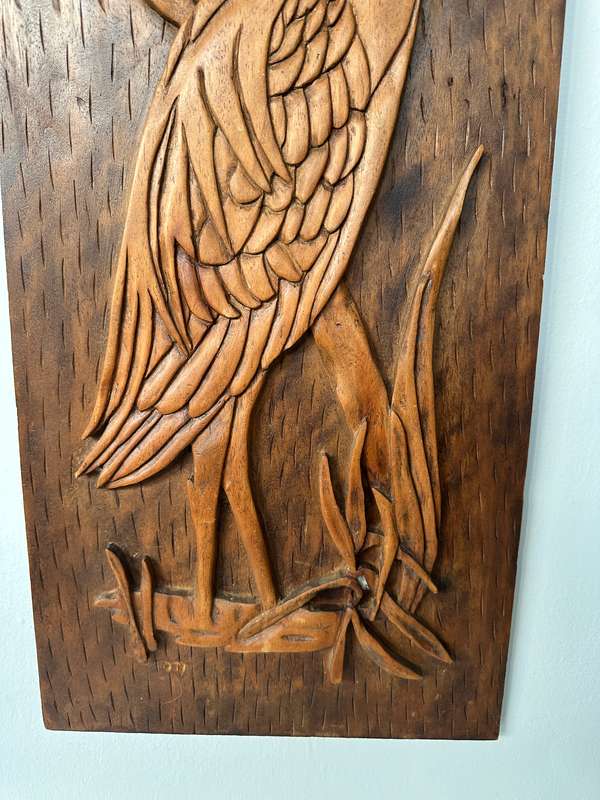 Carved Wooden Artwork, Blue Crane - Size 31cm x 76cm