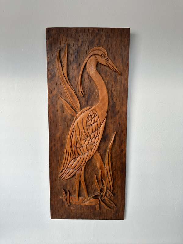 Carved Wooden Artwork, Blue Crane - Size 31cm x 76cm