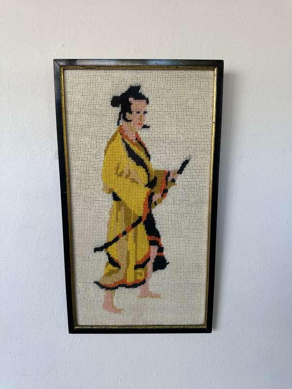 Framed Textile Art, Needlepoint Samurai - Finished Size 22.5cm x 40.5cm (Clear Glass)