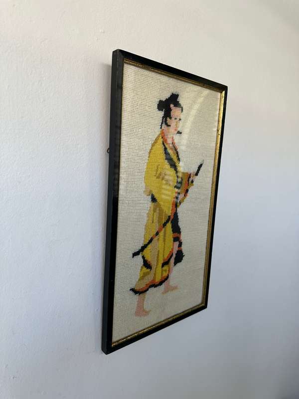 Framed Textile Art, Needlepoint Samurai - Finished Size 22.5cm x 40.5cm (Clear Glass)