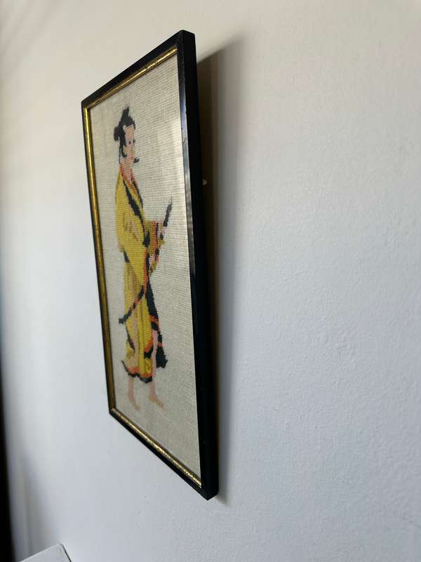 Framed Textile Art, Needlepoint Samurai - Finished Size 22.5cm x 40.5cm (Clear Glass)
