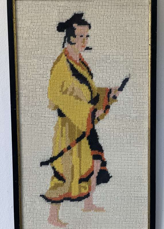 Framed Textile Art, Needlepoint Samurai - Finished Size 22.5cm x 40.5cm (Clear Glass)