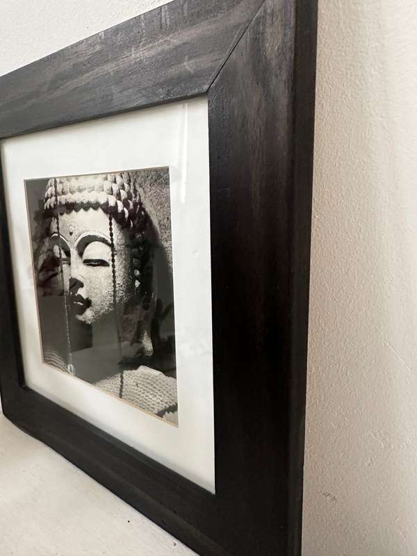 Framed Buddha Print - Black & White, Size 31cm x 31cm (slight dents in wooden frame, last picture)
