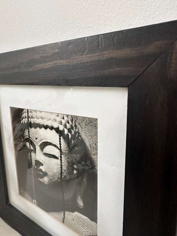 Framed Buddha Print - Black & White, Size 31cm x 31cm (slight dents in wooden frame, last picture)