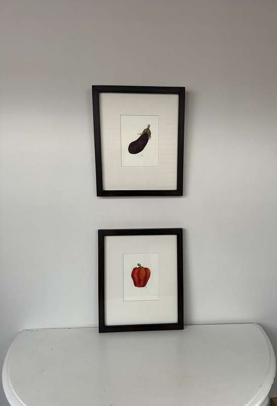 Set of 2 signed Drawings, Red Pepper & Eggplant, Wooden Frame, Finished Size - 31cm x 37cm art print