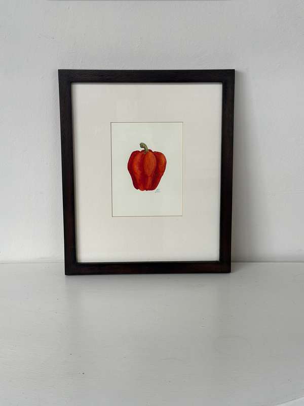 Set of 2 signed Drawings, Red Pepper & Eggplant, Wooden Frame, Finished Size - 31cm x 37cm art print