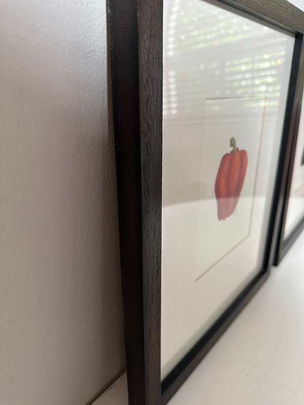 Set of 2 signed Drawings, Red Pepper & Eggplant, Wooden Frame, Finished Size - 31cm x 37cm art print