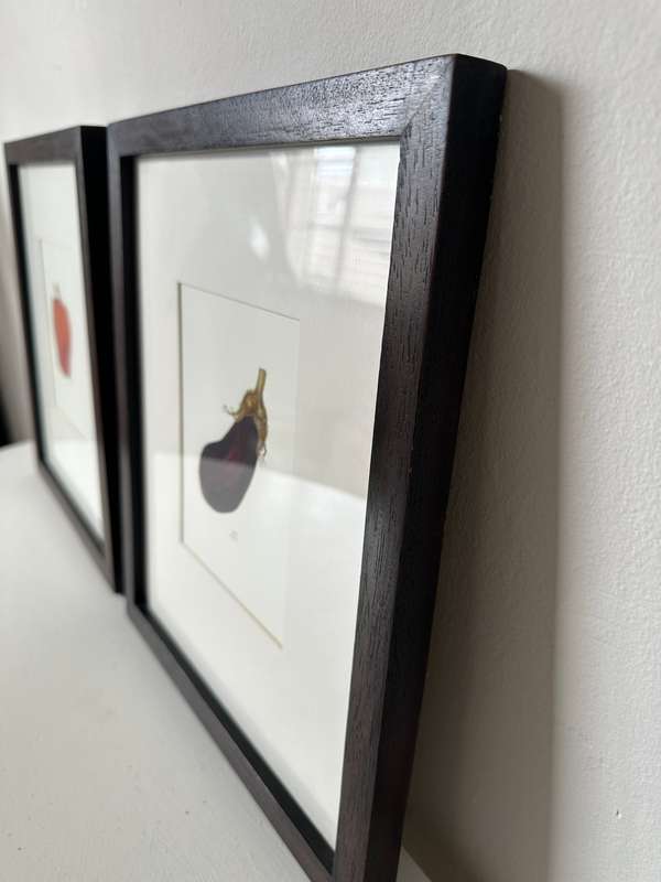 Set of 2 signed Drawings, Red Pepper & Eggplant, Wooden Frame, Finished Size - 31cm x 37cm art print