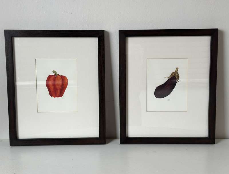 Set of 2 signed Drawings, Red Pepper & Eggplant, Wooden Frame, Finished Size - 31cm x 37cm art print