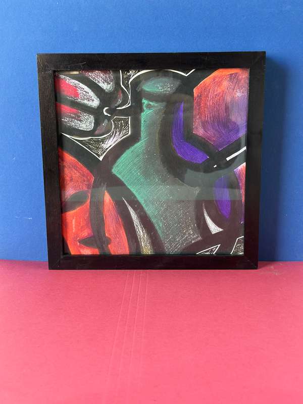 Box Framed Original Abstract Artwork, Acrylic and Chalk on Paper - Finished Size 25.5cm x 25.5cm