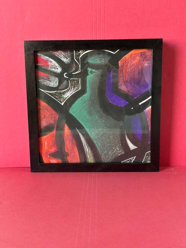 Box Framed Original Abstract Artwork, Acrylic and Chalk on Paper - Finished Size 25.5cm x 25.5cm