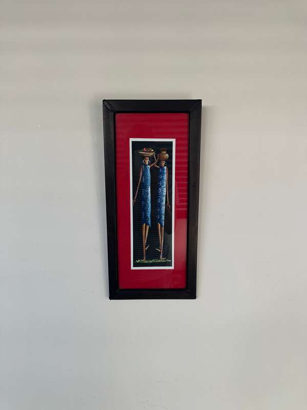 Framed Original African Art, Clear Glass, Wood Frame - Finished Size 21.5cm x 26.5cm