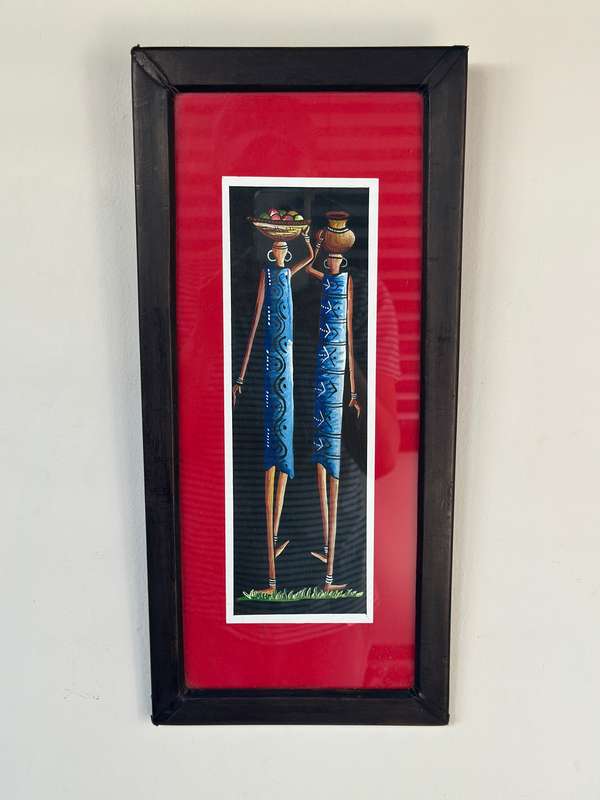 Framed Original African Art, Clear Glass, Wood Frame - Finished Size 21.5cm x 26.5cm