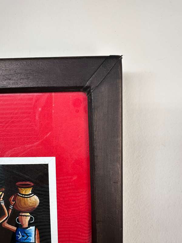 Framed Original African Art, Clear Glass, Wood Frame - Finished Size 21.5cm x 26.5cm