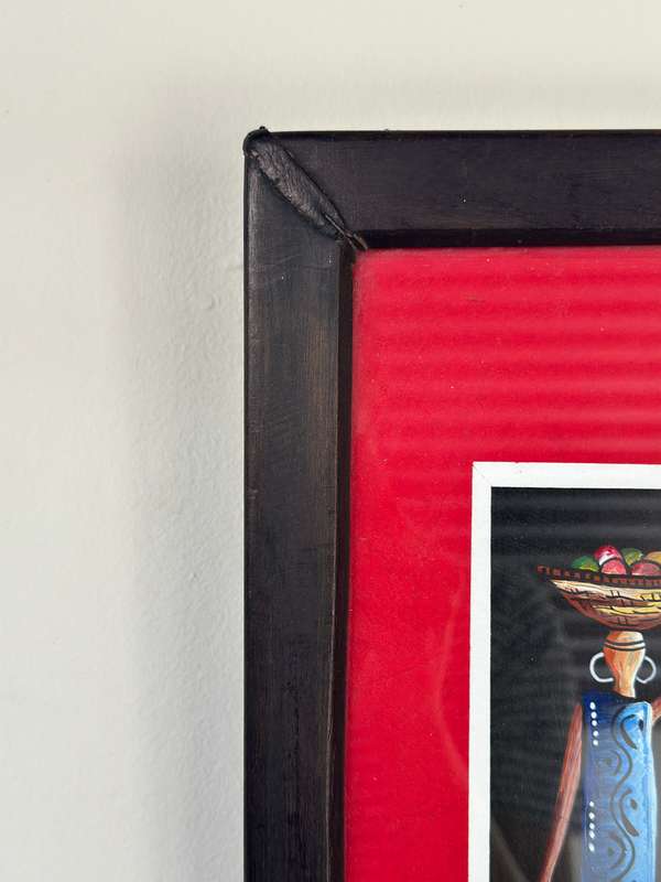 Framed Original African Art, Clear Glass, Wood Frame - Finished Size 21.5cm x 26.5cm