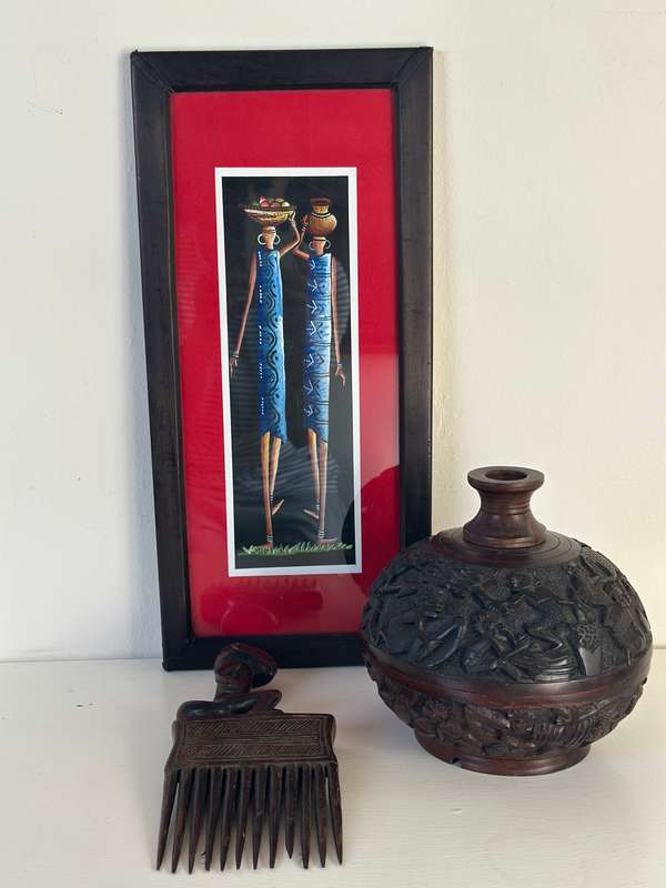 Framed Original African Art, Clear Glass, Wood Frame - Finished Size 21.5cm x 26.5cm