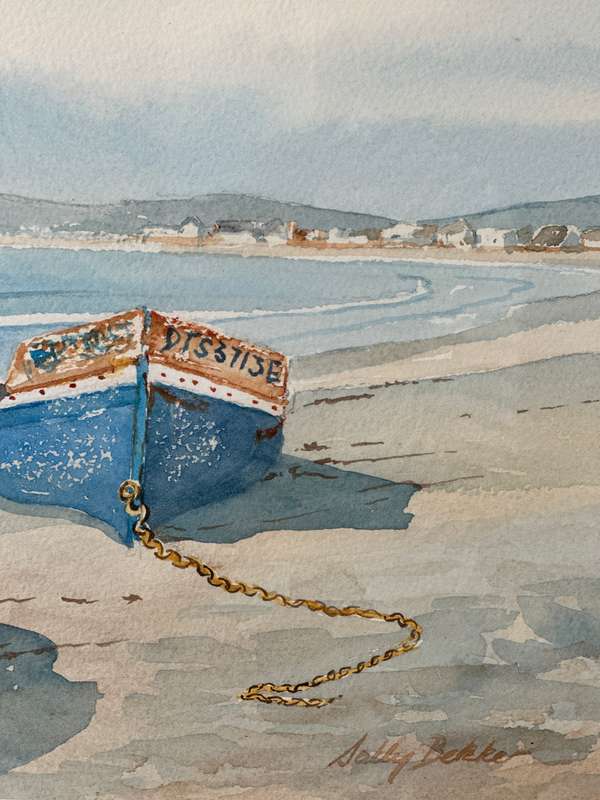 Framed Sally Bekker Original Watercolor, Boat Scene - Finished Size 49cm x 40cm