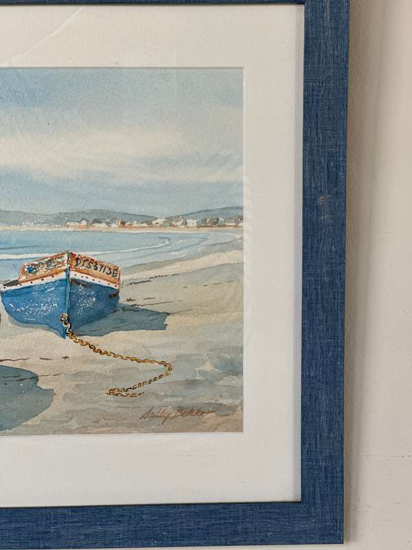 Framed Sally Bekker Original Watercolor, Boat Scene - Finished Size 49cm x 40cm