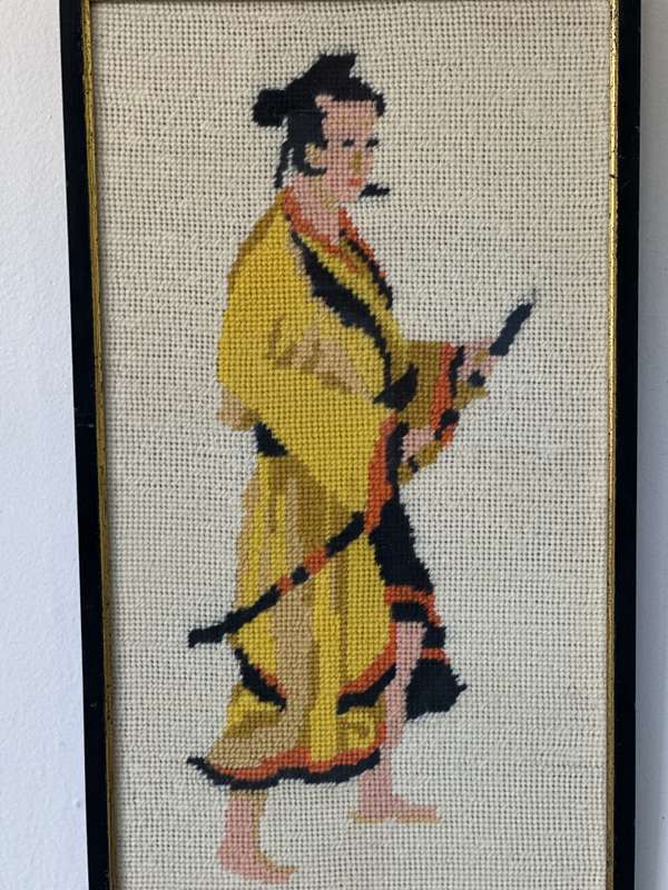 Framed Textile Art, Needlepoint Samurai - Finished Size 22.5cm x 40.5cm (Clear Glass)