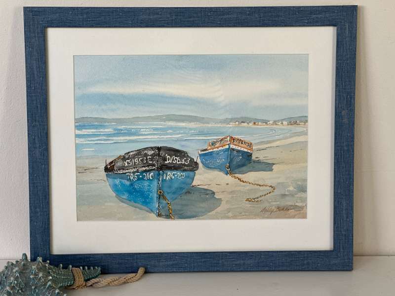 Framed Sally Bekker Original Watercolor, Boat Scene - Finished Size 49cm x 40cm