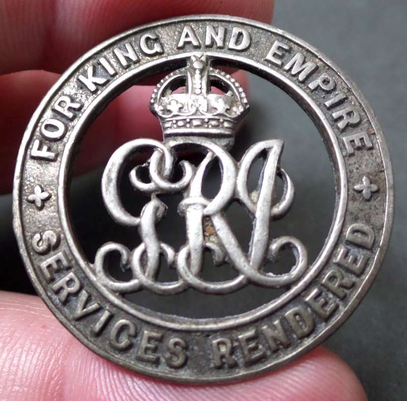 WWI Services Rendered 'For King and Empire' badge