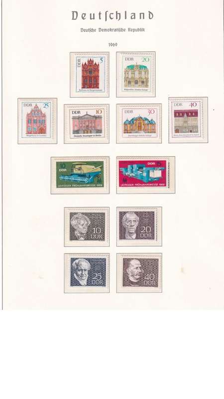 Used Germany DDR stamps on album page. 1 bid for all. Red cross stamps not available.
