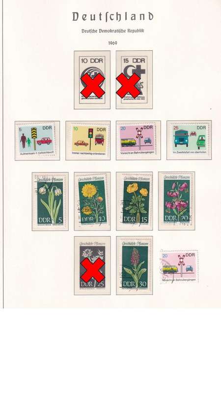 Used Germany DDR stamps on album page. 1 bid for all. Red cross stamps not available.