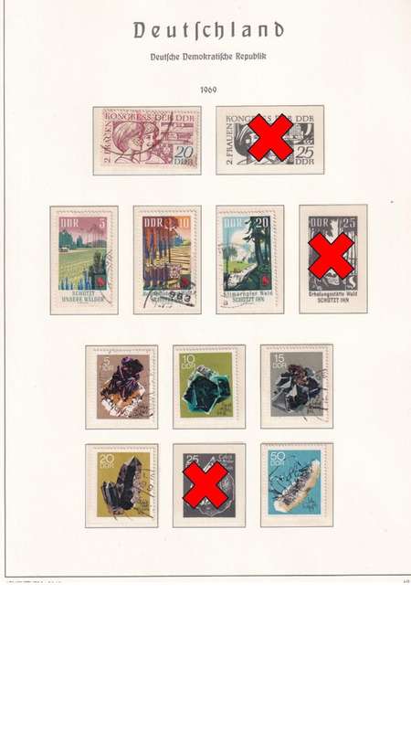 Used Germany DDR stamps on album page. 1 bid for all. Red cross stamps not available.