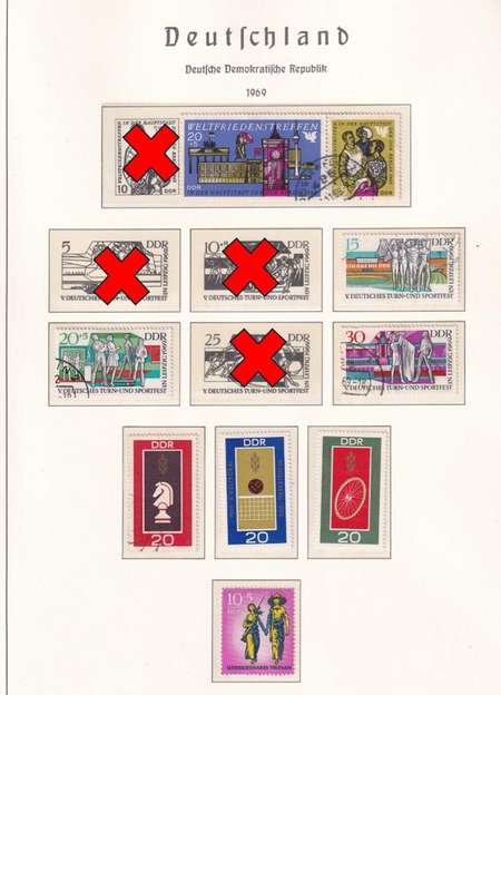 Used Germany DDR stamps on album page. 1 bid for all. Red cross stamps not available.