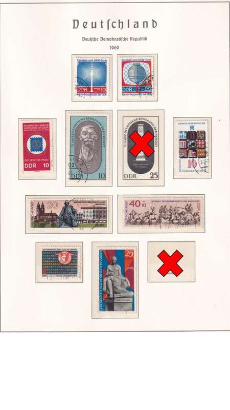 Used Germany DDR stamps on album page. 1 bid for all. Red cross stamps not available.