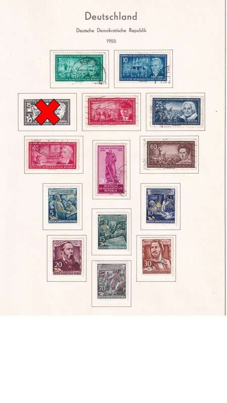 Used Germany DDR stamps on album page. 1 bid for all. Red cross, stamp not available.