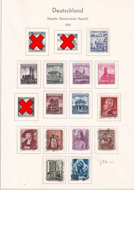 Used Germany DDR stamps on album page. 1 bid for all. Red cross, stamps not available.