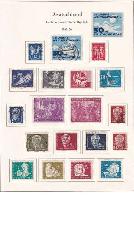 Germany DDR used stamps on album page. 1 bid for all.