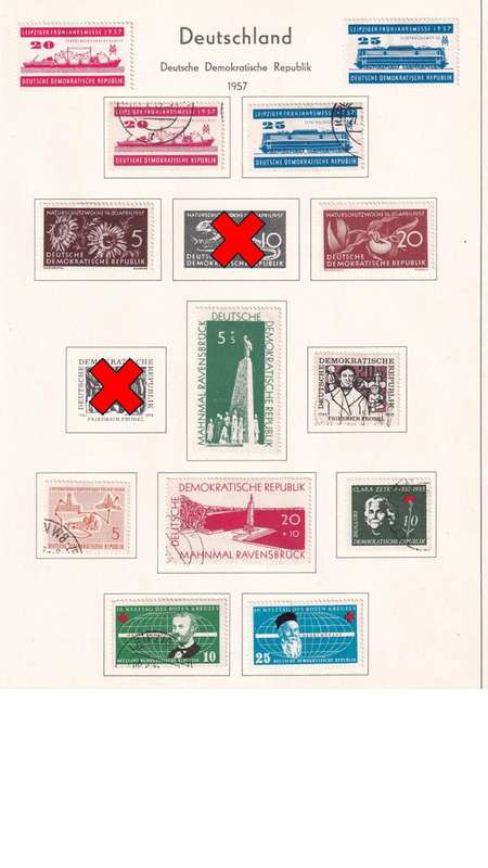 Used Germany DDR stamps on album page. 1 bid for all. Red cross, stamp not available.