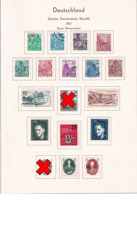 Used Germany DDR stamps on album page. 1 bid for all. Red cross stamp not available.